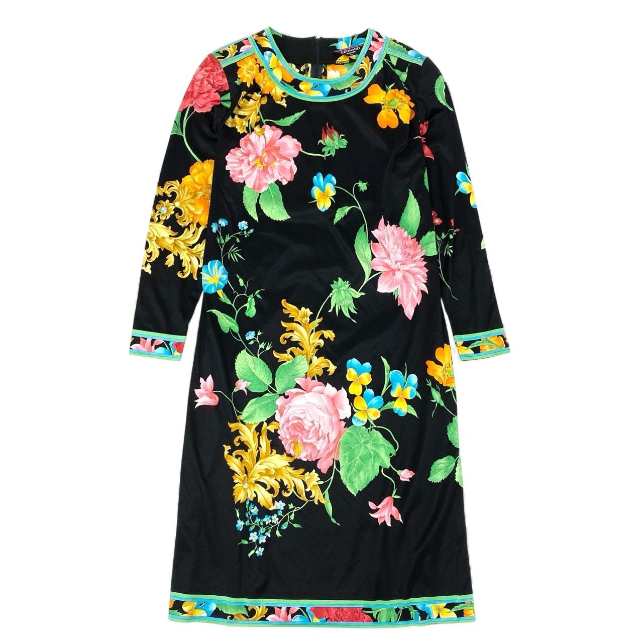 11 k 28 LEONARD レオナール 長袖ワンピース ロングワンピース 美しい花柄プリント L マルチカラー コットン レディースu 02 t