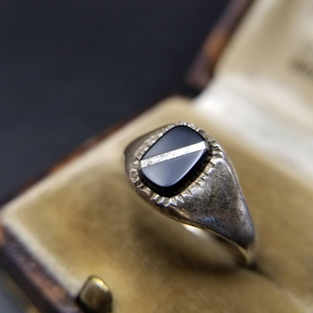 オニキス レクタングル スラッシュライン 925シルバー ヴィンテージ