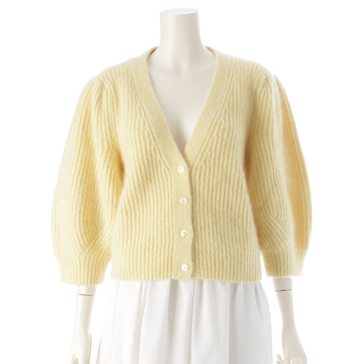 セリーヌ モヘア ボリュームスリーブ Vネック カーディガン ニット トップス イエロー M