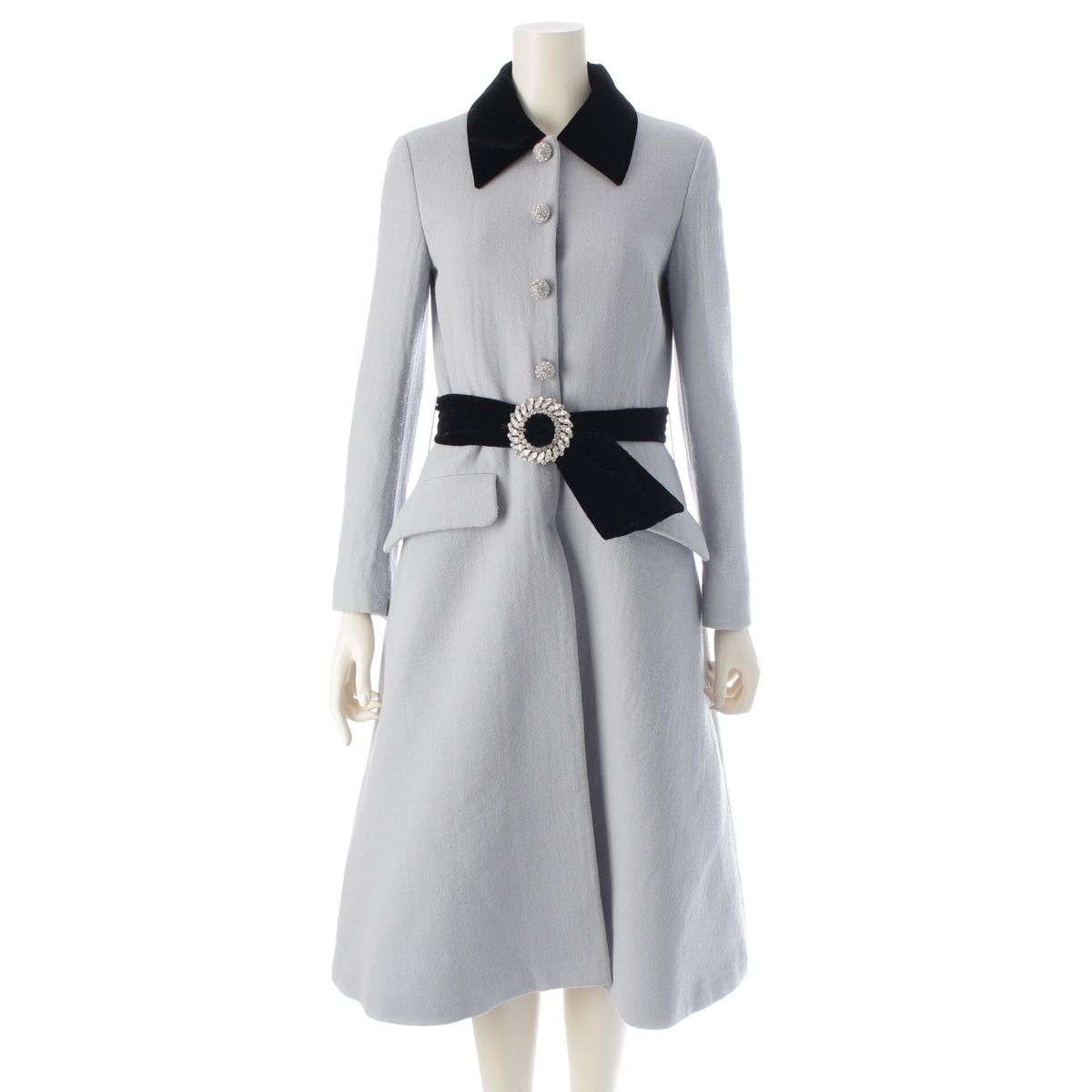 ミュウミュウ ウール ベロアカラー ビジューボタン ベルト付き コート