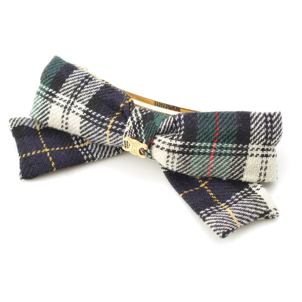 セリーヌ トリオンフ ゴールド金具 チェック柄 リボン バレッタ クリップ ヘア マルチ
