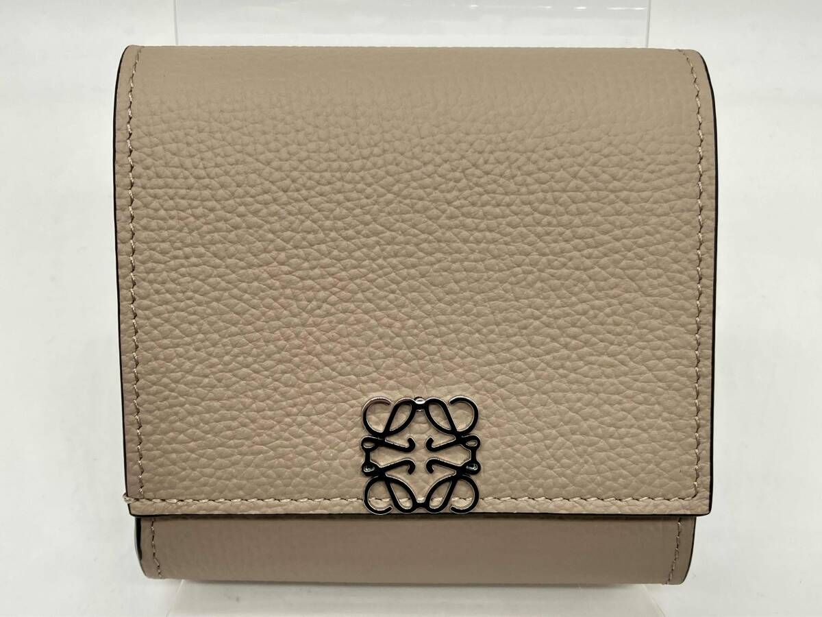 級 LOEWE ロエベ 二つ折り財布 コンパクト ベージュ アナグラム レザー
