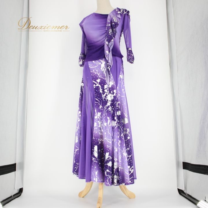 社交ダンス 衣装 スタンダード 上下セット ツーピース パーティ衣装 オールシーズン ICHIOKU イチオク 紫 パープル系 シルバー系 花柄 パーティドレス ドレスアップ 薄手 軽量 きらめき おしゃれ シルエット フローイング コスチューム タップダンス ドレス ダンス衣装 