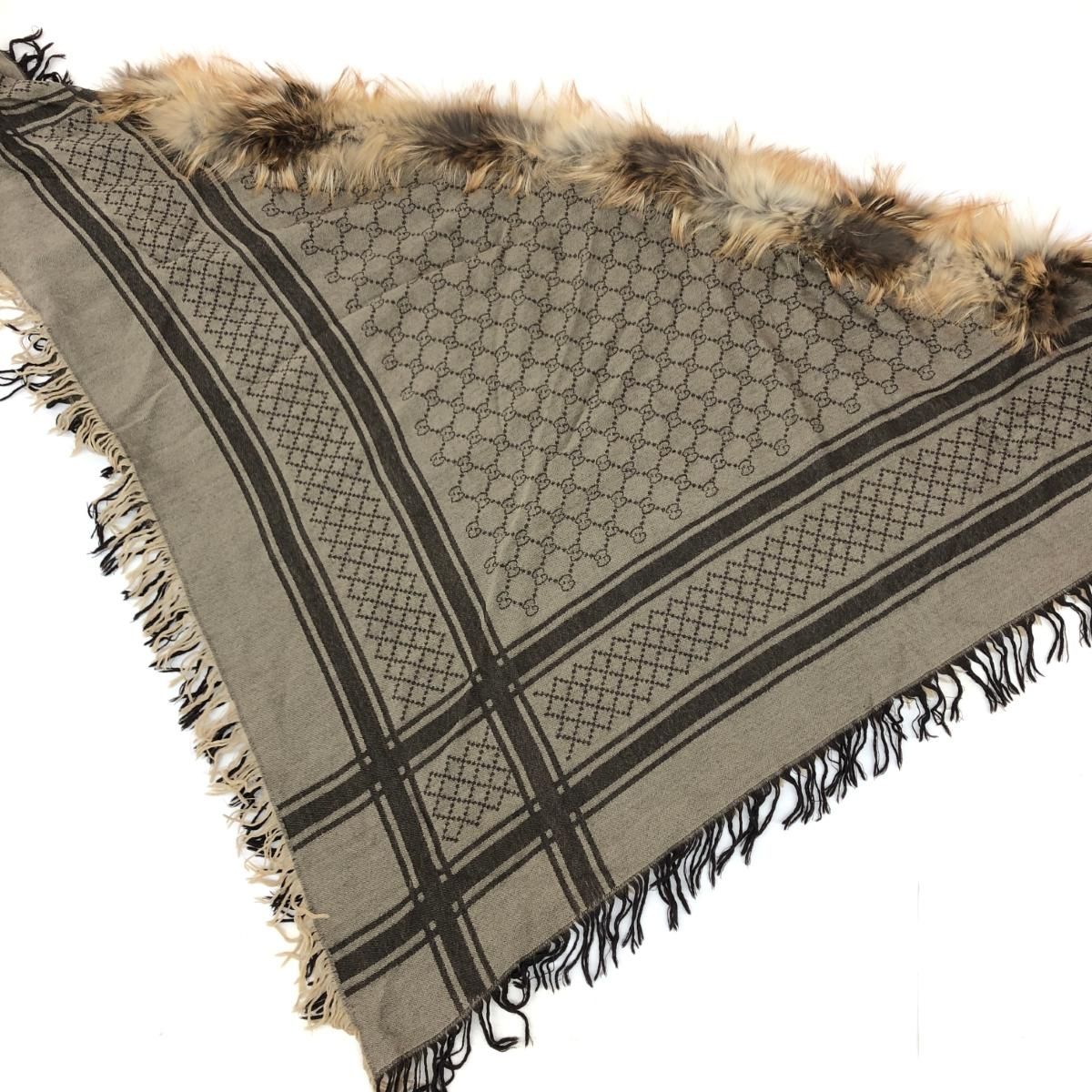 GUCCI グッチ シルク フォックス ファー付ストール 大判 【参考価格16