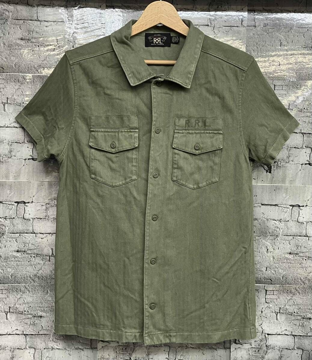 RRL RALPH LAUREN ダブルアールエル ラルフローレン ユーティリティシャツ コットンヘリンボーン 半袖シャツ サイズSP オリーブ