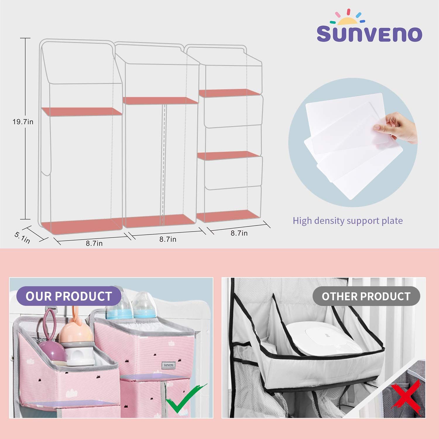 Sunveno べビーベッド収納 ウォールポケット おむつ収納ストッカー 3 IN 1 吊り下げ式 おもちゃ収納袋 大容量 簡単取付 出産祝い 水洗い オレンジ