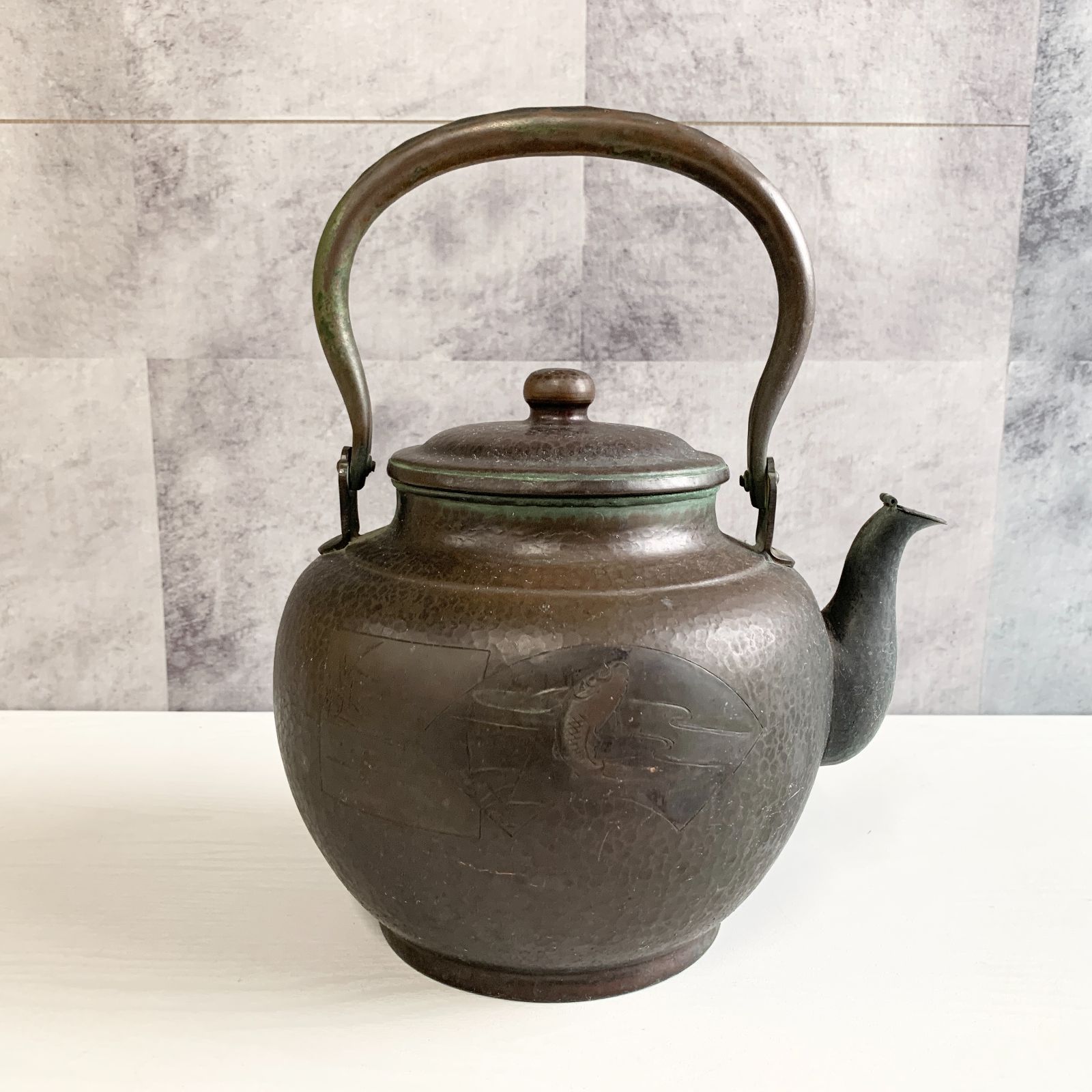 山川堂　銅やかん　鎚起銅器　銅瓶　水注(水差)　昭和レトロ　古道具　骨董品 山川堂造 銅やかん 銅瓶 鯉 竹 昭和レトロ 茶道 古道具 骨董品 薬缶