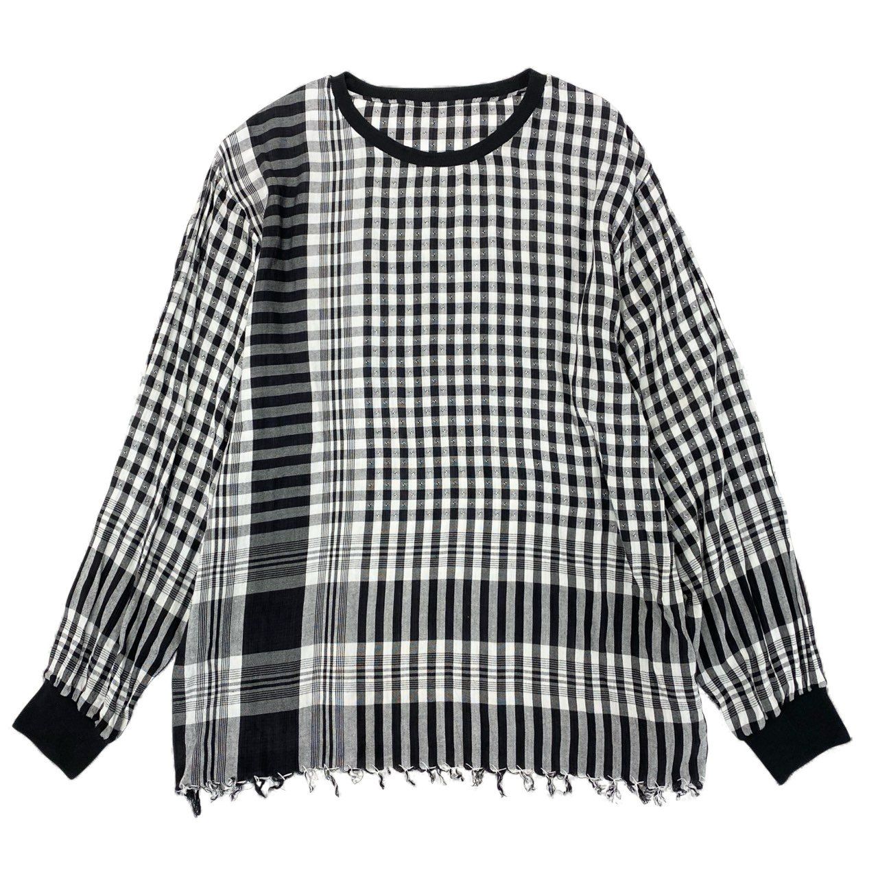 11 k 28 BLESS ブレス N°32 チュニックワンピース トップス チェック フリンジ L ブラック グレー コットン レディースu 02 t