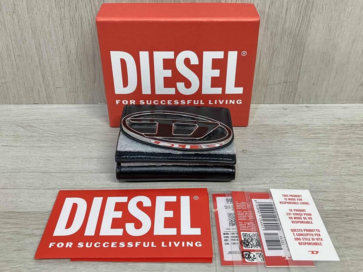DIESEL 1 DR TRI FOLD COIN XS 三つ折り 財布 ディーゼル X 09887 PR 818 T 8013 コンパクト ウォレット ビッグロゴ ブラック レディース