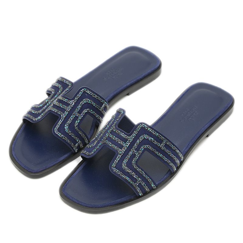 エルメス オラン フラットサンダル レザー ネイビー ラメ #35.5 - メルカリ