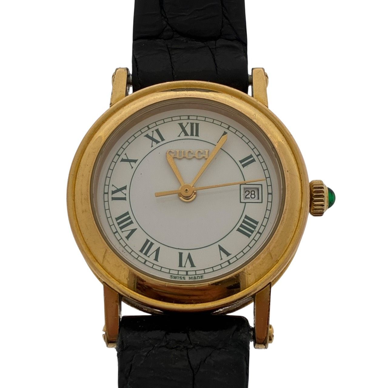 稼働品 グッチ GUCCI 時計 7200 L レディース グリーン デイト 文字盤ホワイト ♯