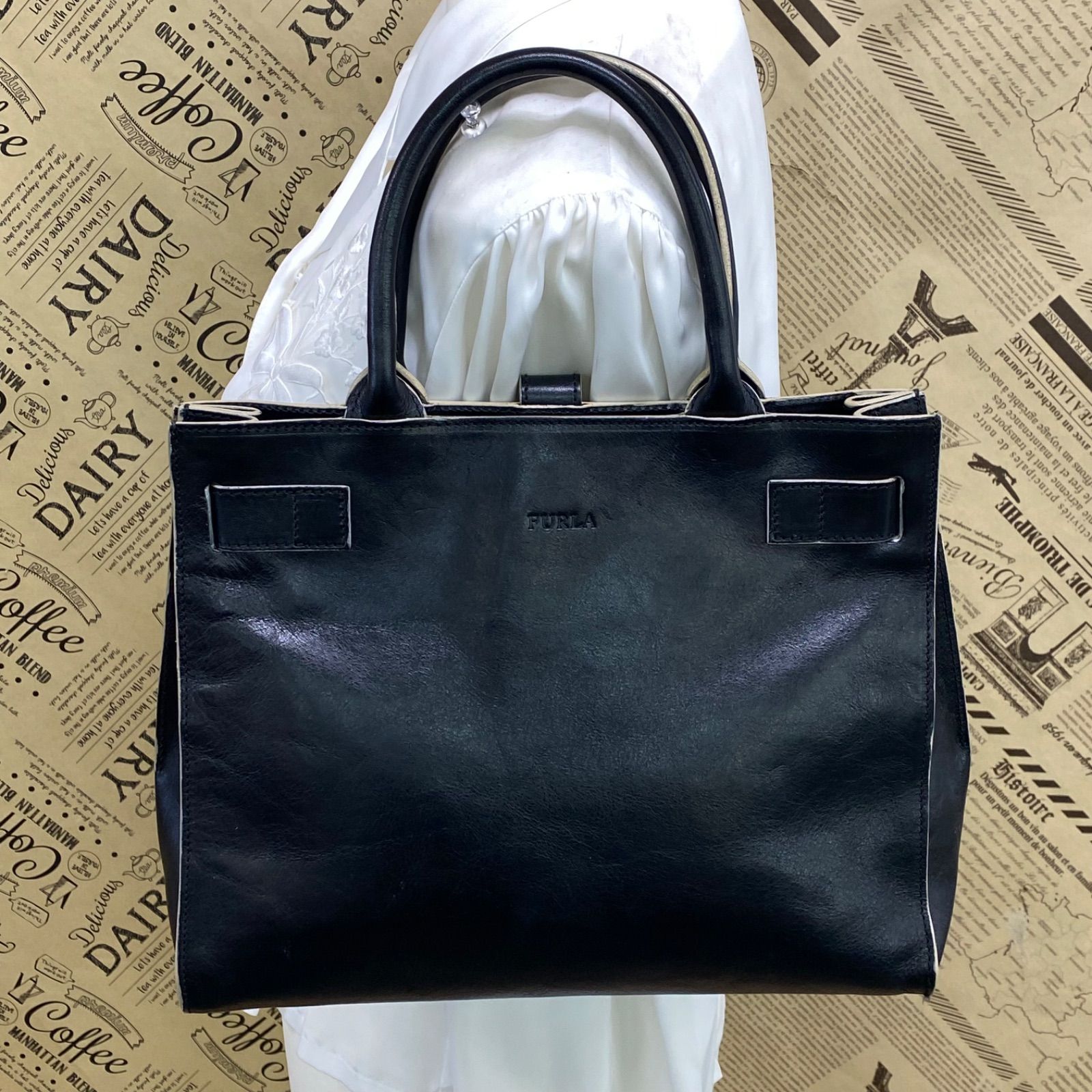 フルラ トート ハンドバッグ 革 ビジネス フォーマル ケリー型 黒