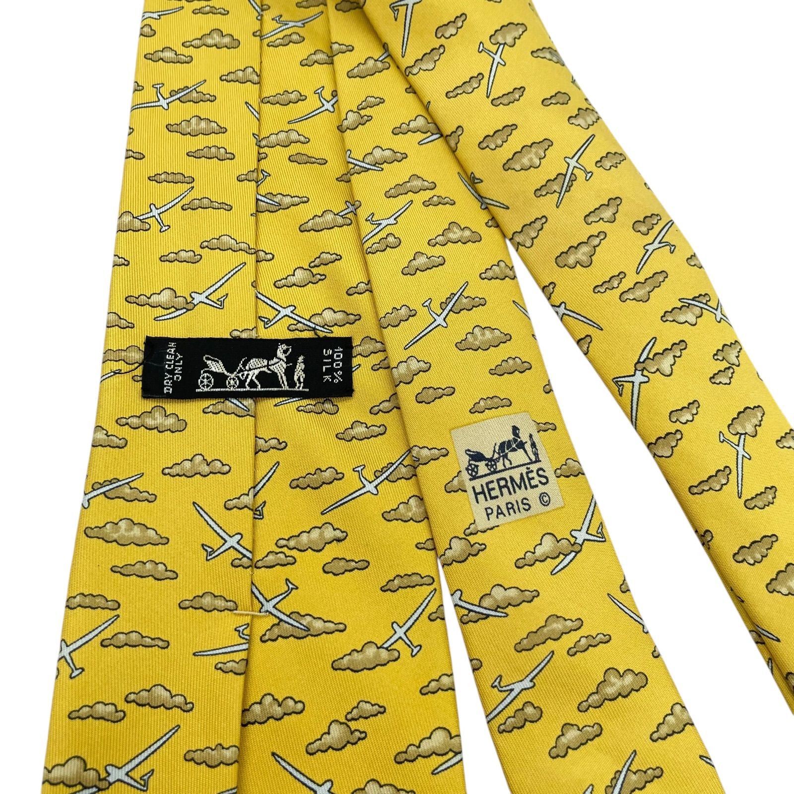 ☆EM11165 HERMES エルメス ネクタイ 紳士 ビジネス イエロー 雲