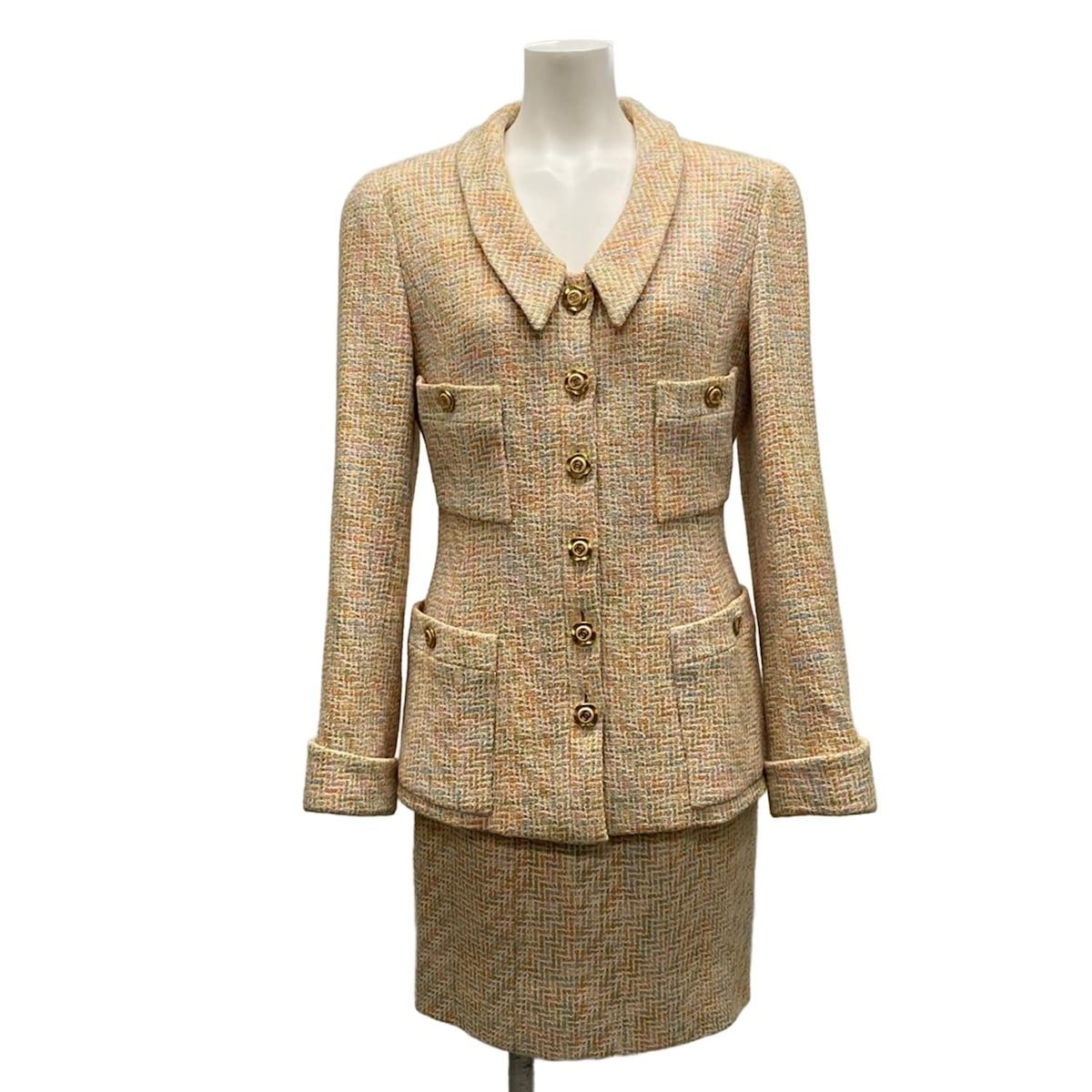 CHANEL シャネル スカートスーツ サイズ36 S レディース - P 02679 ピンクベージュ×オレンジ×マルチ ツイード|肩パッド コットン