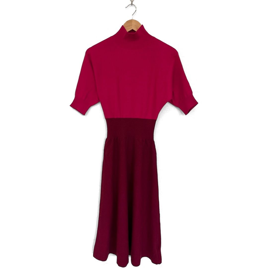 FRAY I D フレイアイディー ウールカシミヤロングワンピース ハイネック Aライン ハーフスリーブ 無地 F バイ ピンク ワインレッド M 83