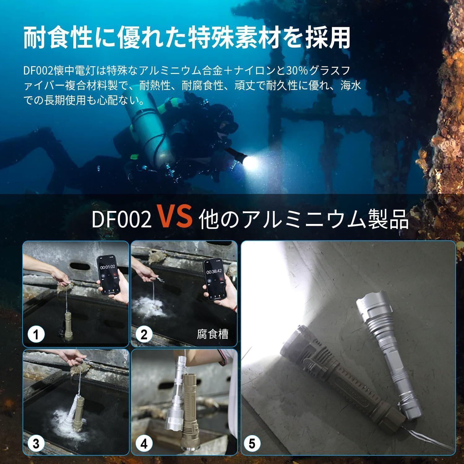 充電式スキューバダイビングライト LED懐中電灯