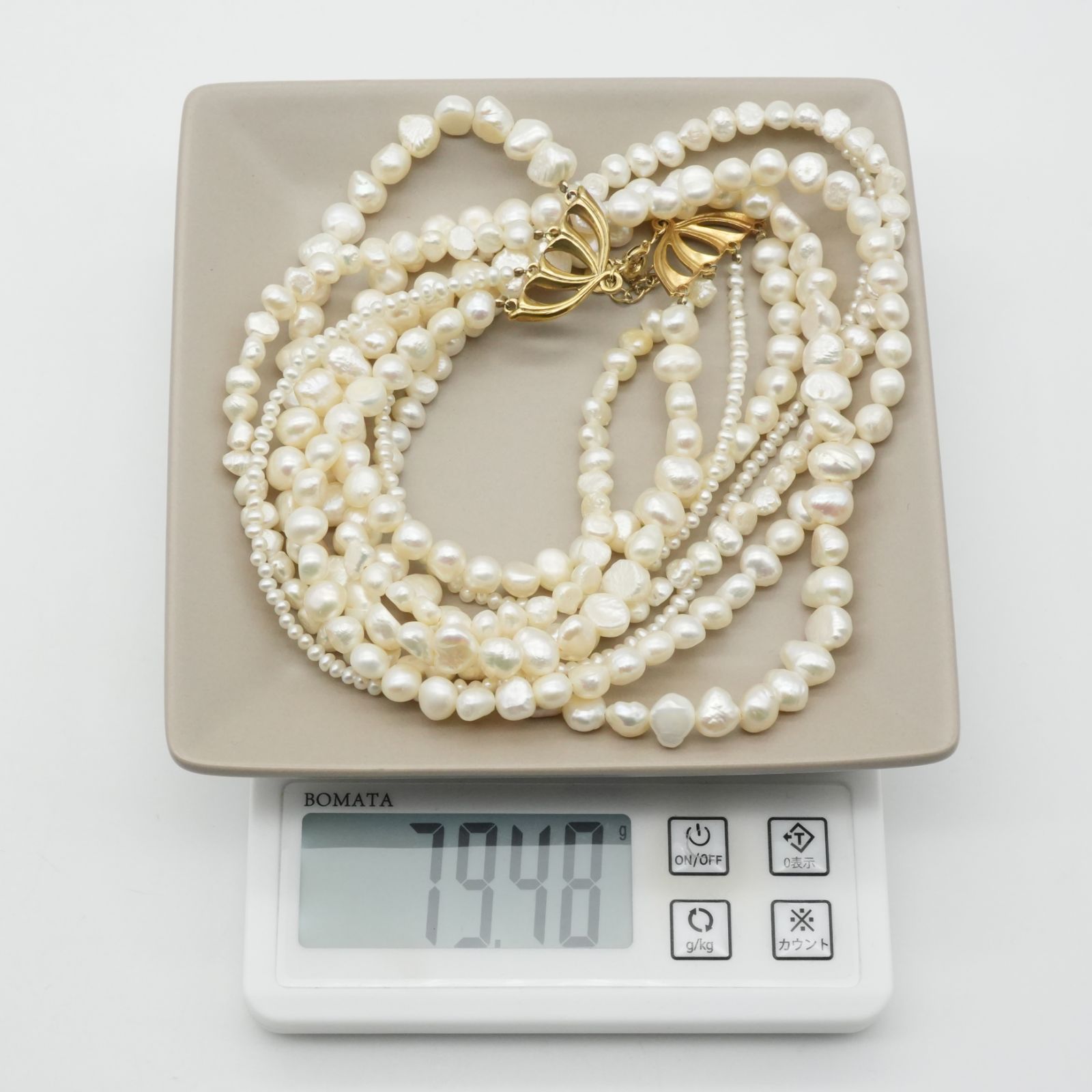 アガット シルバー 淡水パール 4連 ネックレス ゴールド/25-2266M