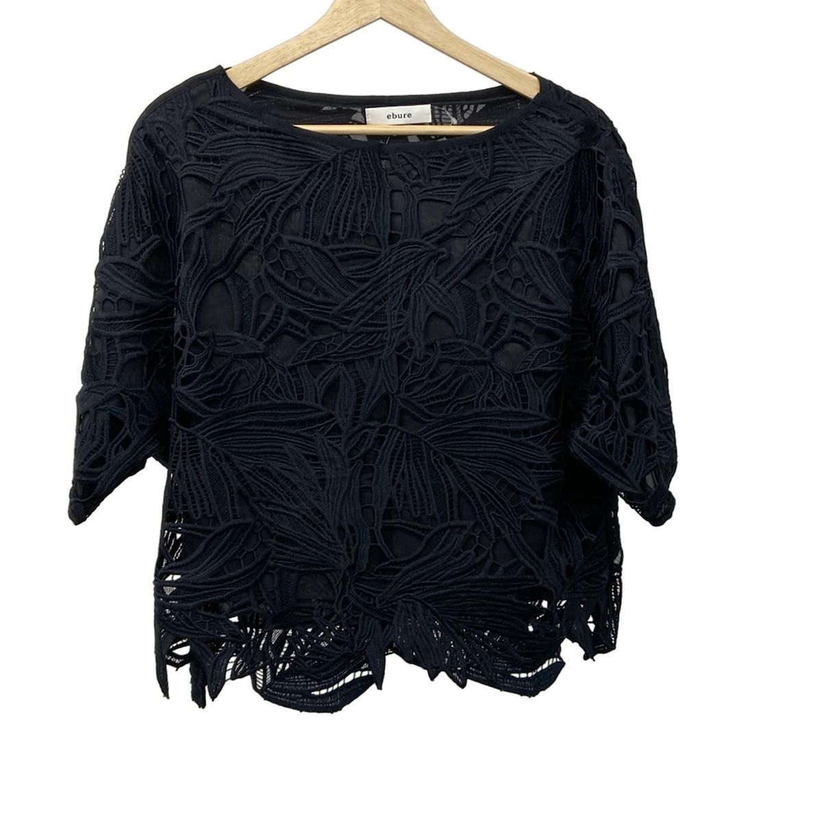 ebure エブール 半袖カットソー サイズ38 M レディース ダークネイビー クルーネック 総レース フラワー 花