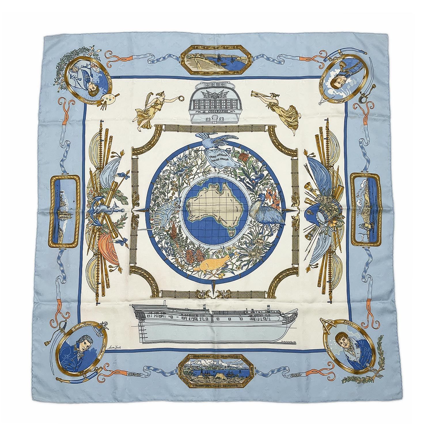 HERMES エルメス カレ90 LE GEOGRAPHE 地理学者 スカーフ ライトブルー