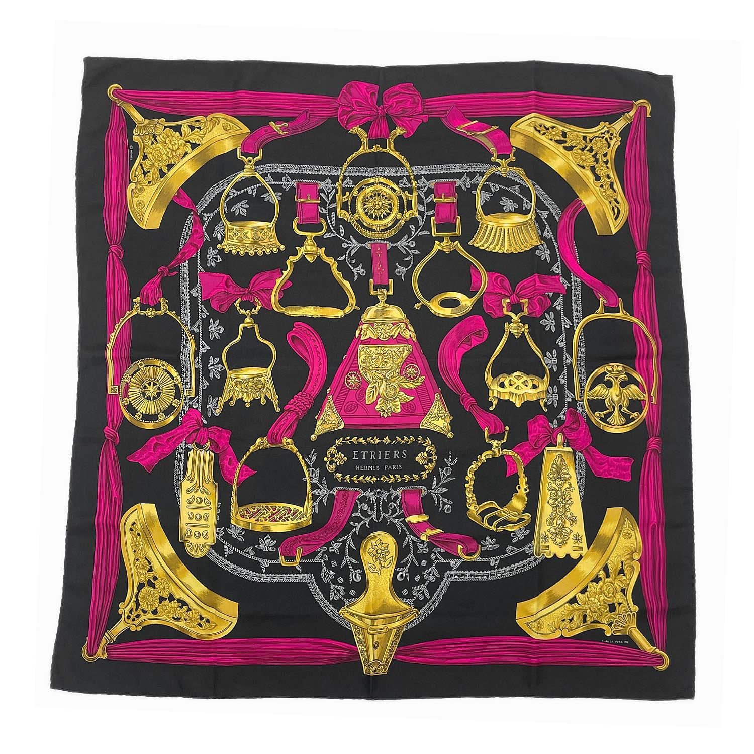 HERMES エルメス カレ90 ETRIERS 鎧 スカーフ ブラック/ピンク - メルカリ