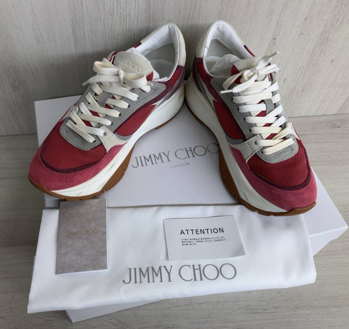 JIMMY CHOO LONDON ジミーチュウ スニーカー レッド×ホワイト×グレー ナッパレザー×メッシュ×スエード EU 38|約25.0 cm 箱あり