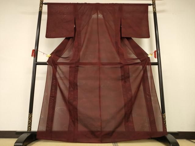 平和屋着物 夏物 色無地 流水立波紋紗 葡萄茶色 正絹 jd