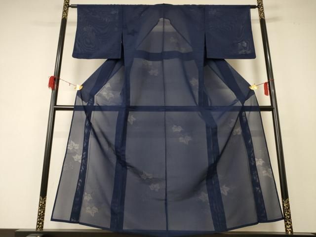 平和屋着物 夏物 色無地 縦絽 舞葉紋紗 濃藍色 正絹 jd