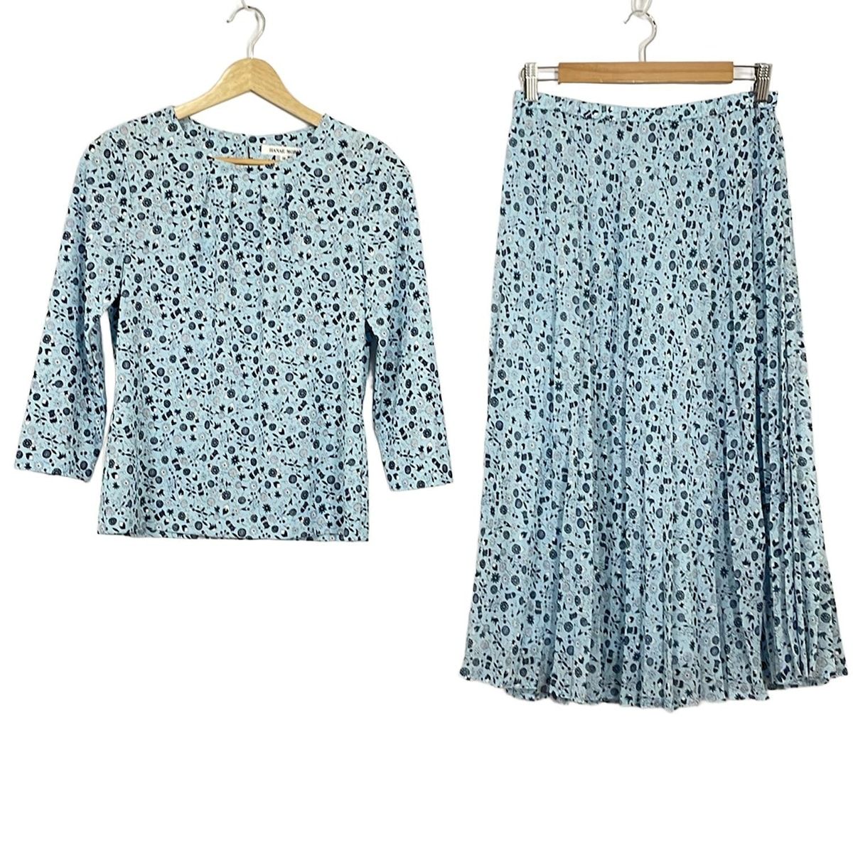 HANAE MORI ハナエモリ スカートセットアップ レディース - ライトブルー×ダークネイビー×白 花柄|プリーツ