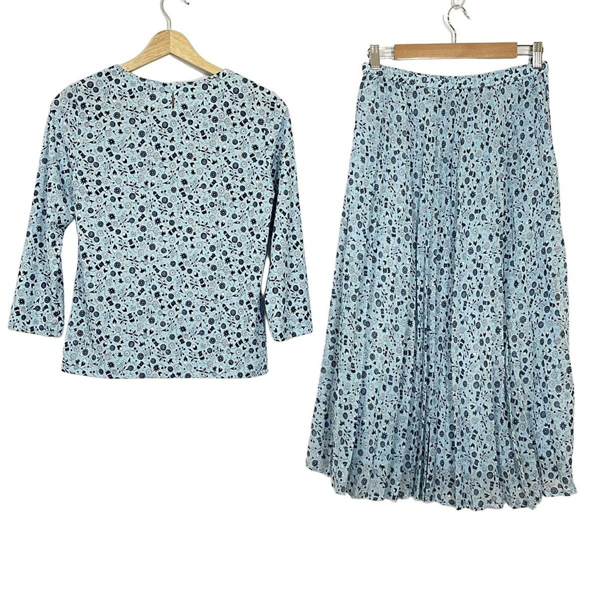 HANAE MORI ハナエモリ スカートセットアップ レディース - ライトブルー×ダークネイビー×白 花柄|プリーツ