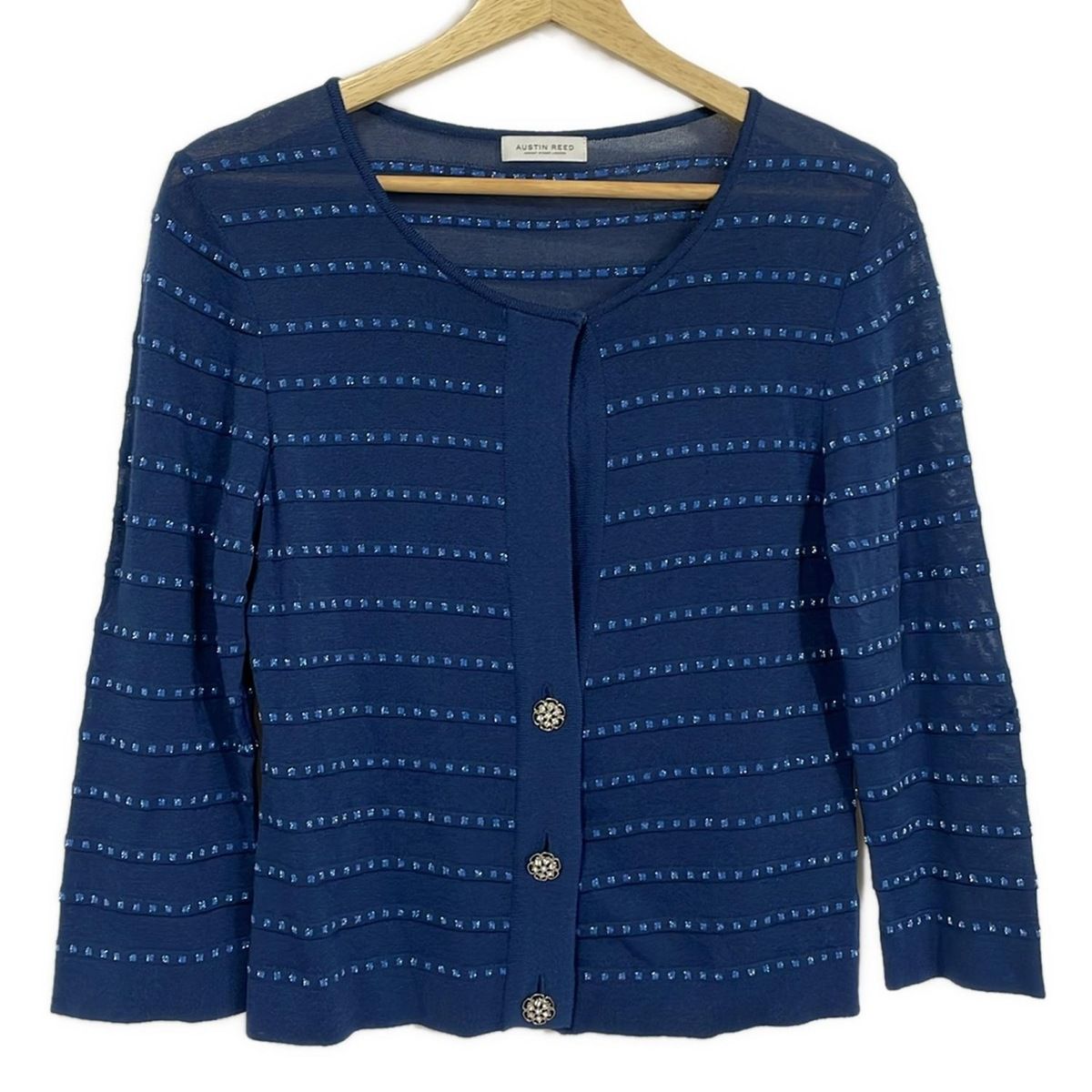 Austin Reed オースチンリード カーディガン サイズ40 L レディース ネイビー ブルー シルバー 長袖 ボーダー ラインストーン