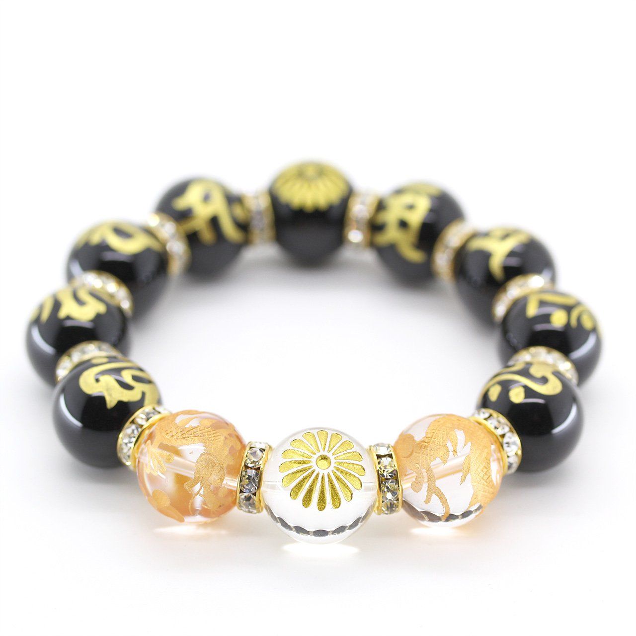 石輝] 4A菊紋彫水晶16mm梵字オニキス数珠ブレスレット ギフト用桐箱