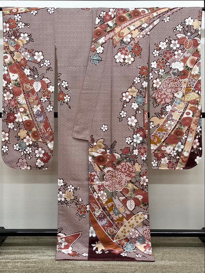 レディース ポリエステル 振袖 四季の花々 鹿の子 紋意匠 ぼかし八掛