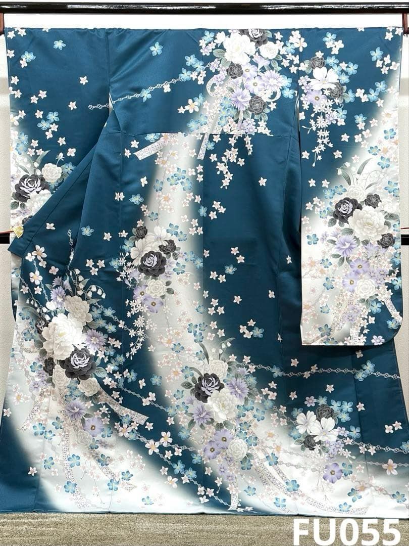 ポリエステル 振袖 牡丹 薔薇 紋意匠 ぼかし八掛 躾糸付き FU055
