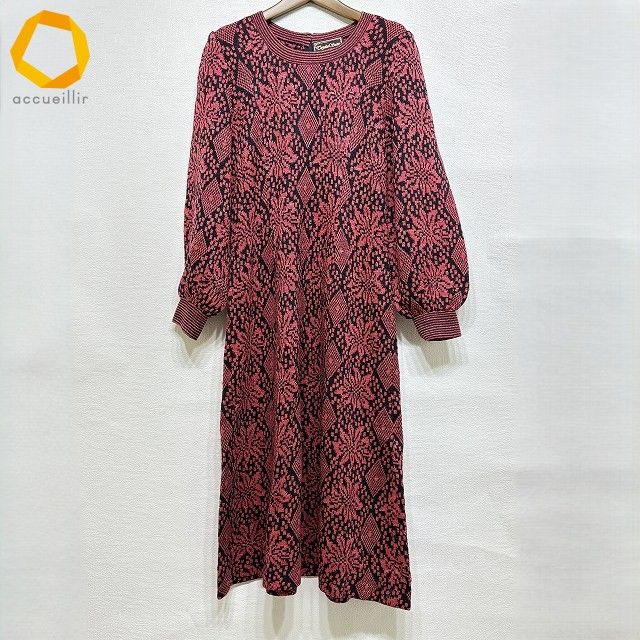 wnc サイトウトヨコ 斉藤都世子 ワンピース 赤系 濃紺 花柄 ラメ ニット バルーン袖 レディース 977541