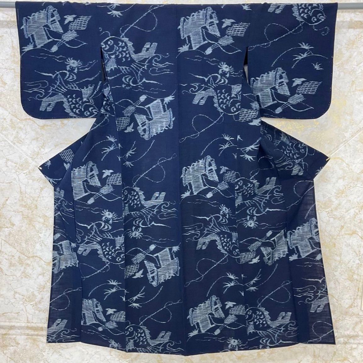 kimono one kimonoarisa 厳選 同然 本場久留米絣 森山虎雄 本藍染手織木綿 居敷当て付き 仕付け糸付き 裄65.5肩丈157.5