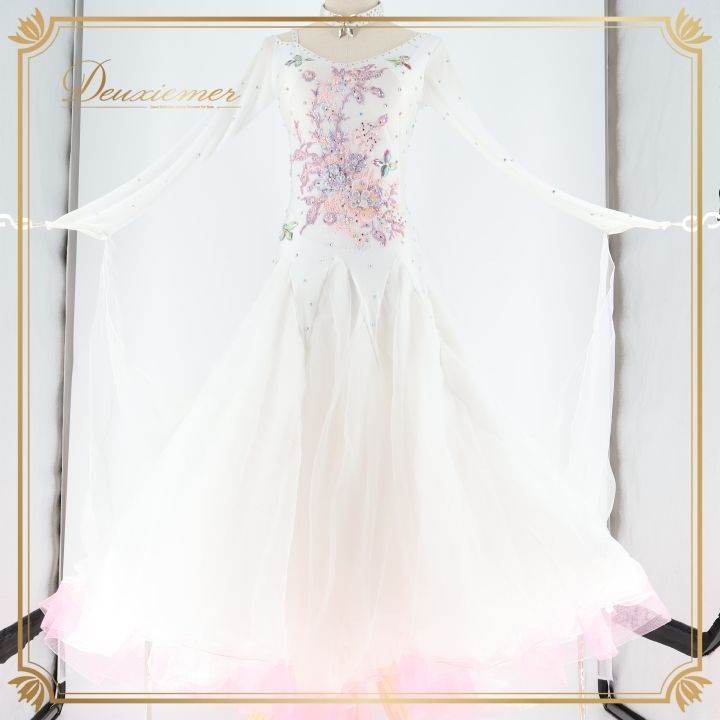 社交ダンス 衣装 ドレス ワンピース 白 フロート デモ 競技 フリル パーティ 発表会 ピンク系 ホワイト系 フラワー おしゃれ デザイン スカート フォーマル ステージ用 Mサイズ 女性用 競技用 発表会用