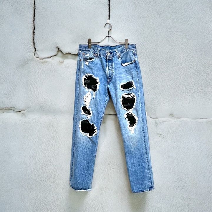 レザーパッチワークリペアジーンズ