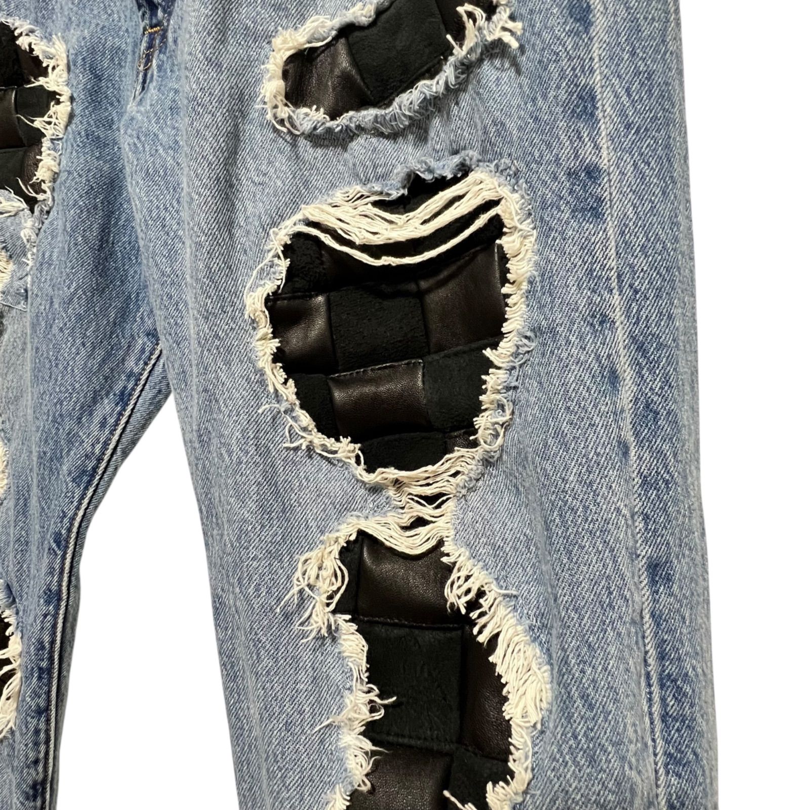 レザーパッチワークリペアジーンズ