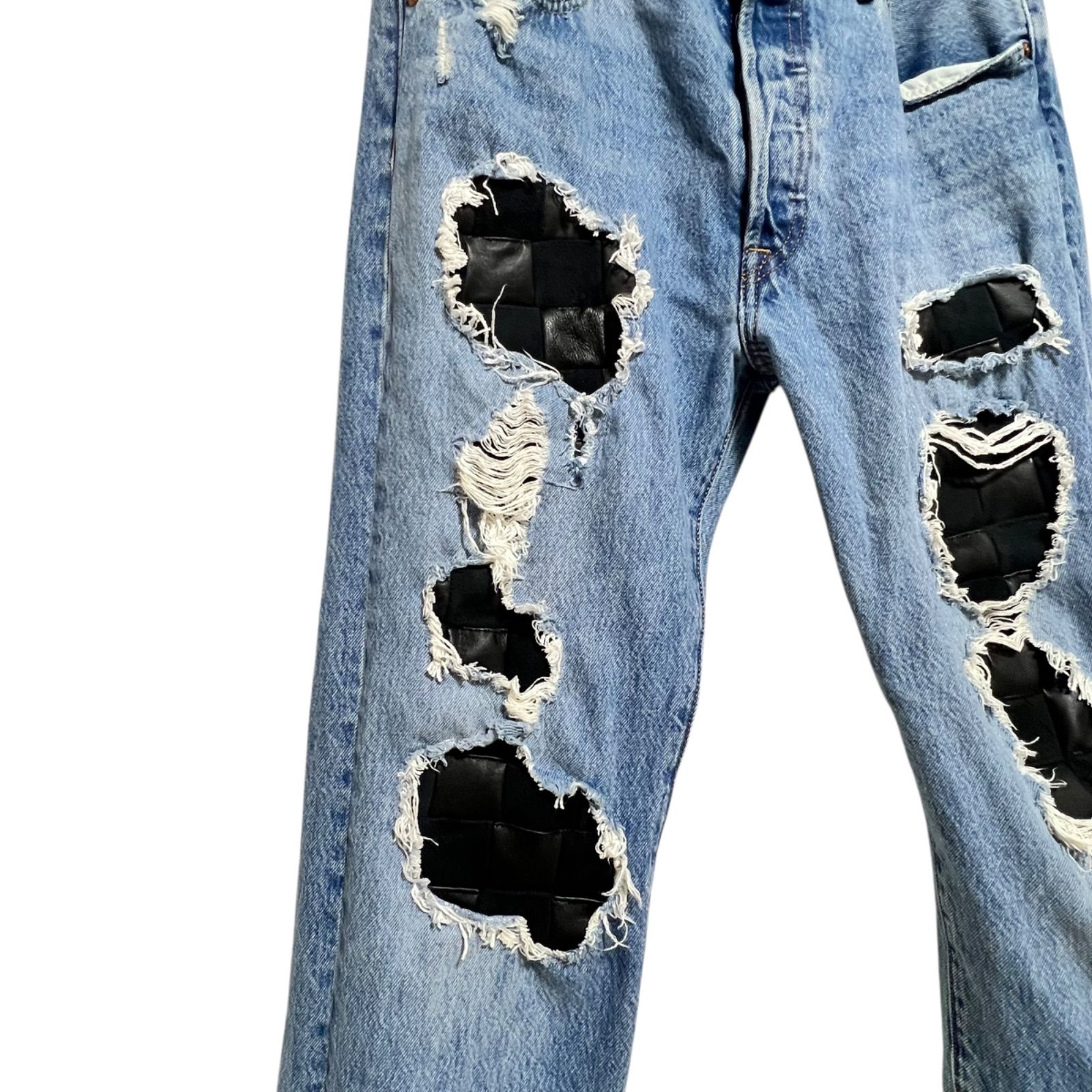 レザーパッチワークリペアジーンズ