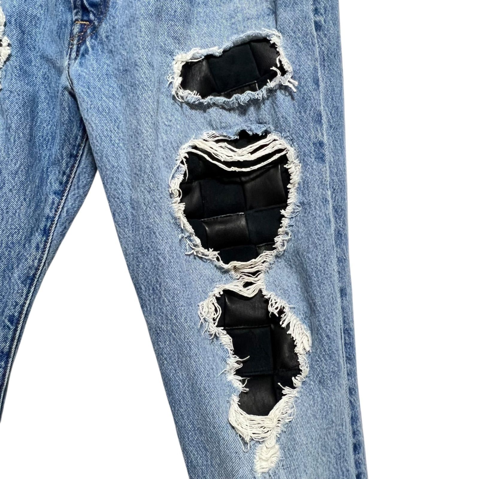 レザーパッチワークリペアジーンズ