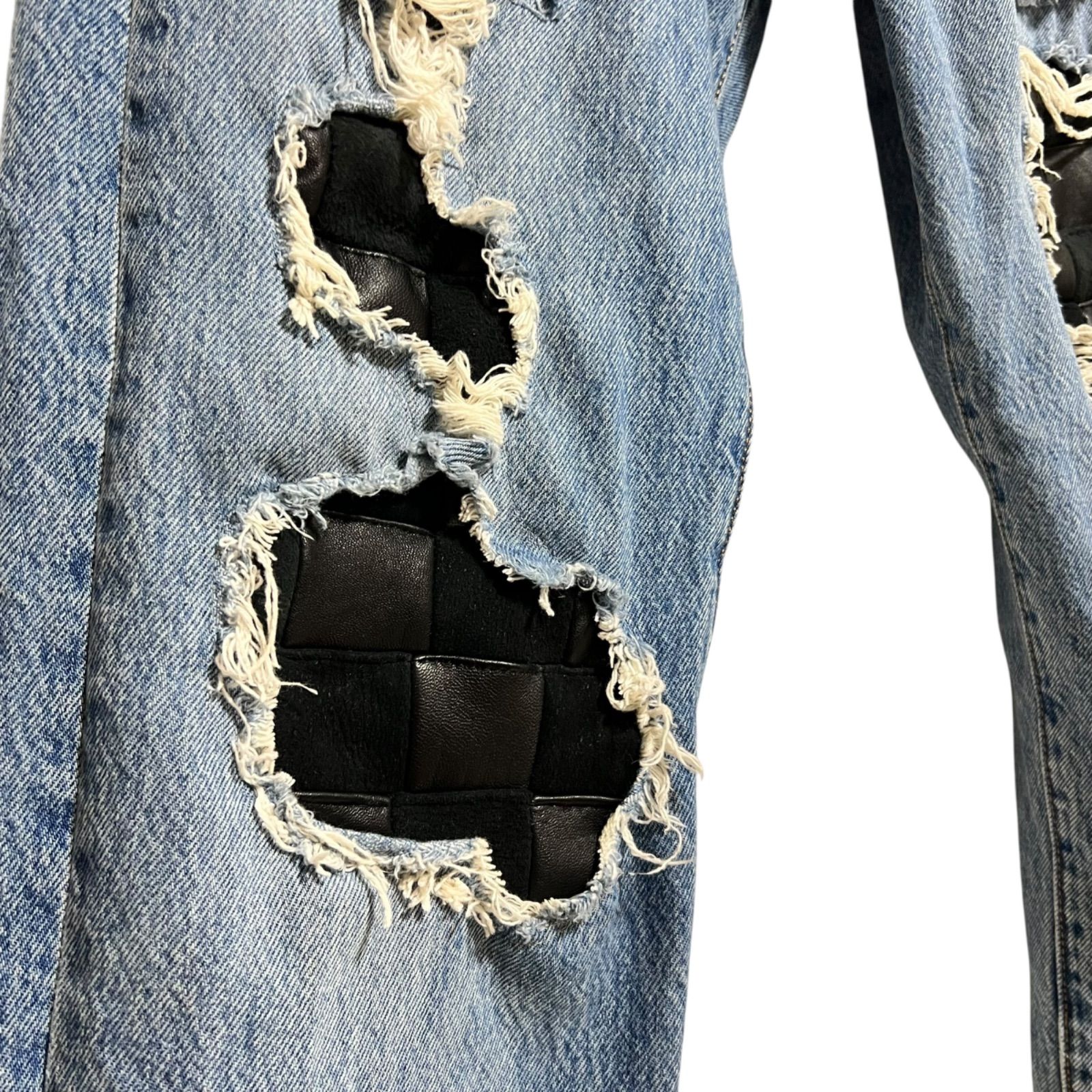 レザーパッチワークリペアジーンズ