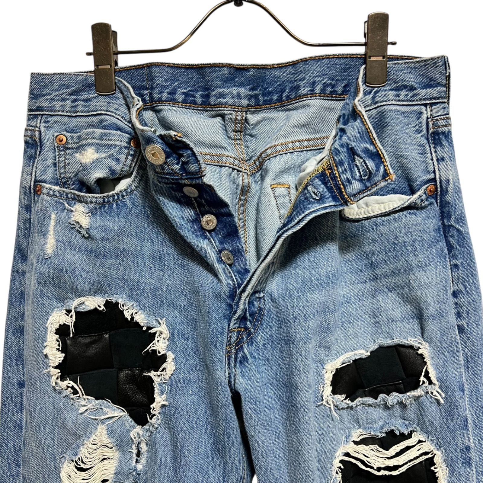 レザーパッチワークリペアジーンズ