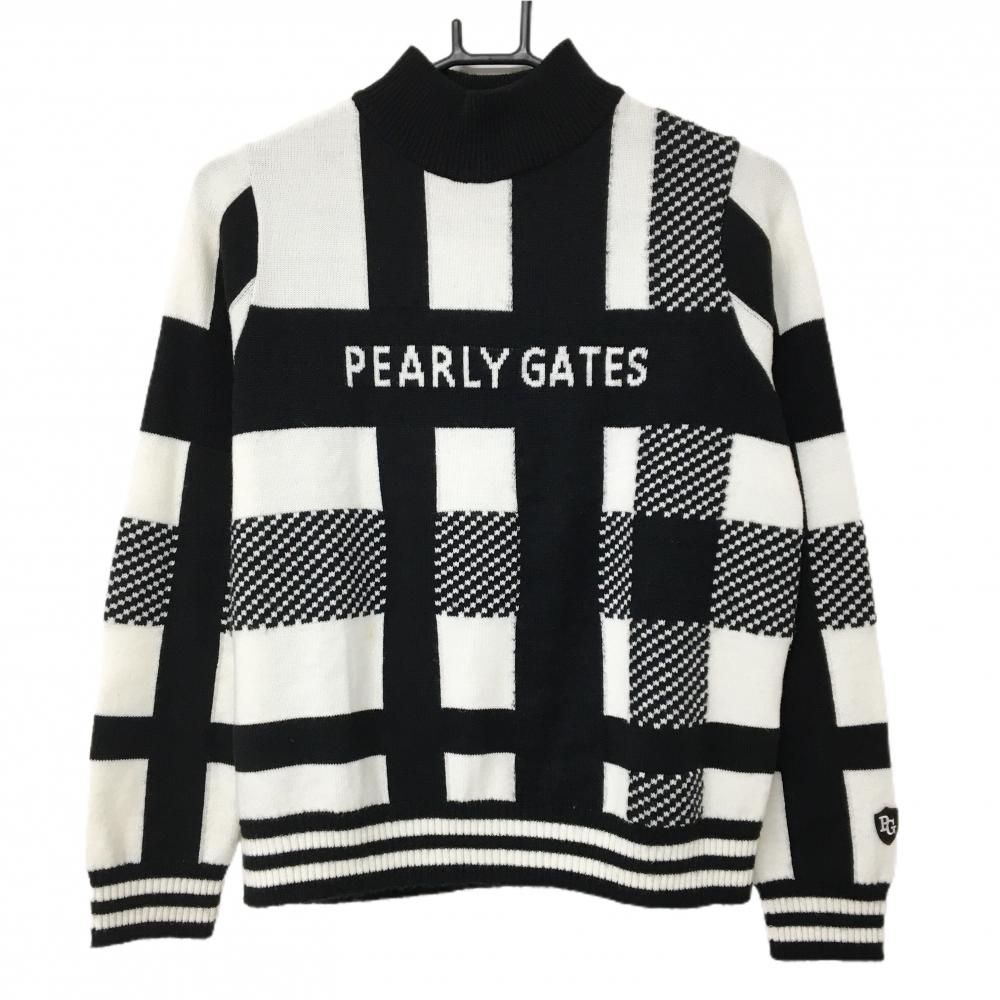 美品】パーリーゲイツ ハイネックセーター 白×黒 チェック ニット 羊毛