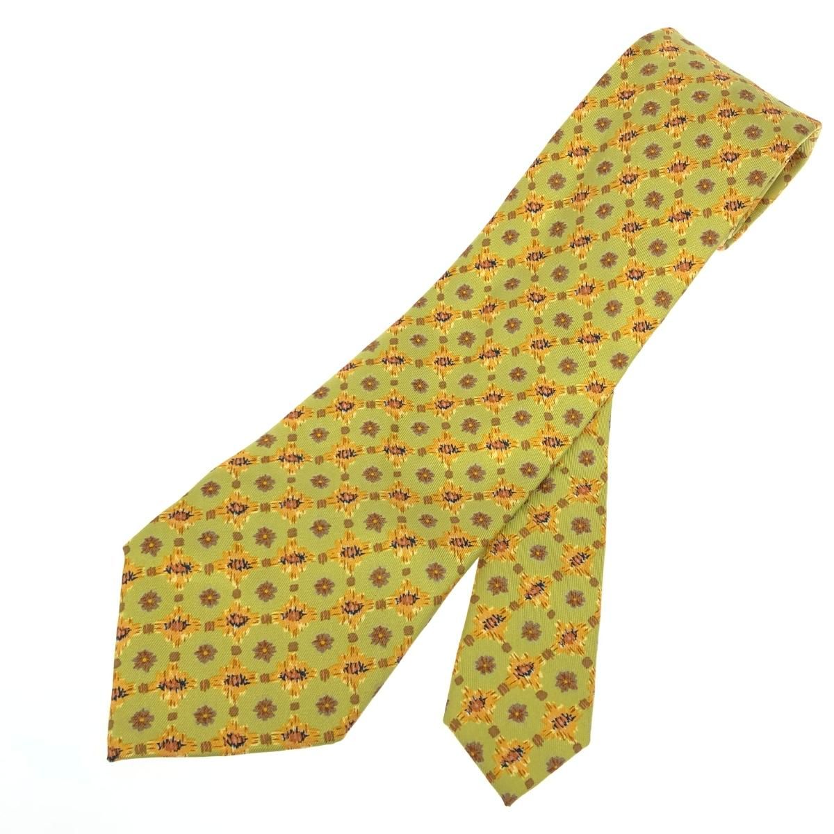 HERMES エルメス ネクタイ シルク100％/総柄 イエロー メンズ