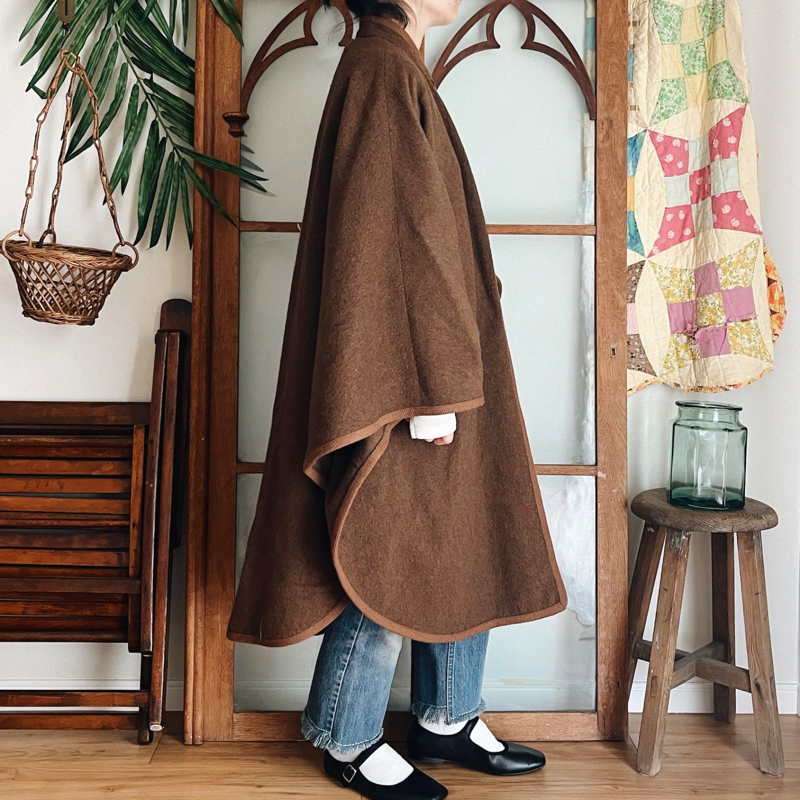 Euro古着 ウール ケープ・ポンチョ コート 前開き ブラウン（m323