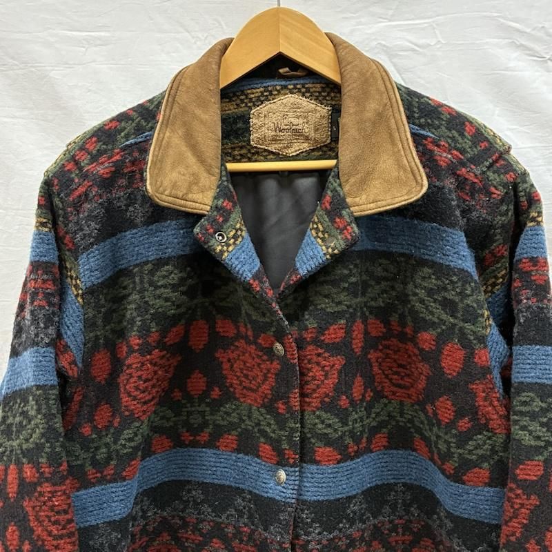 ウールリッチ 90s USA製 レザー カラー ネイティブ ボーダー ウール