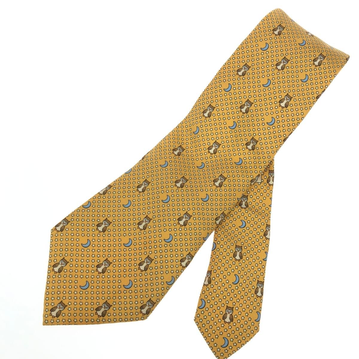 HERMES エルメス ネクタイ シルク100％/フクロウ柄 イエロー メンズ