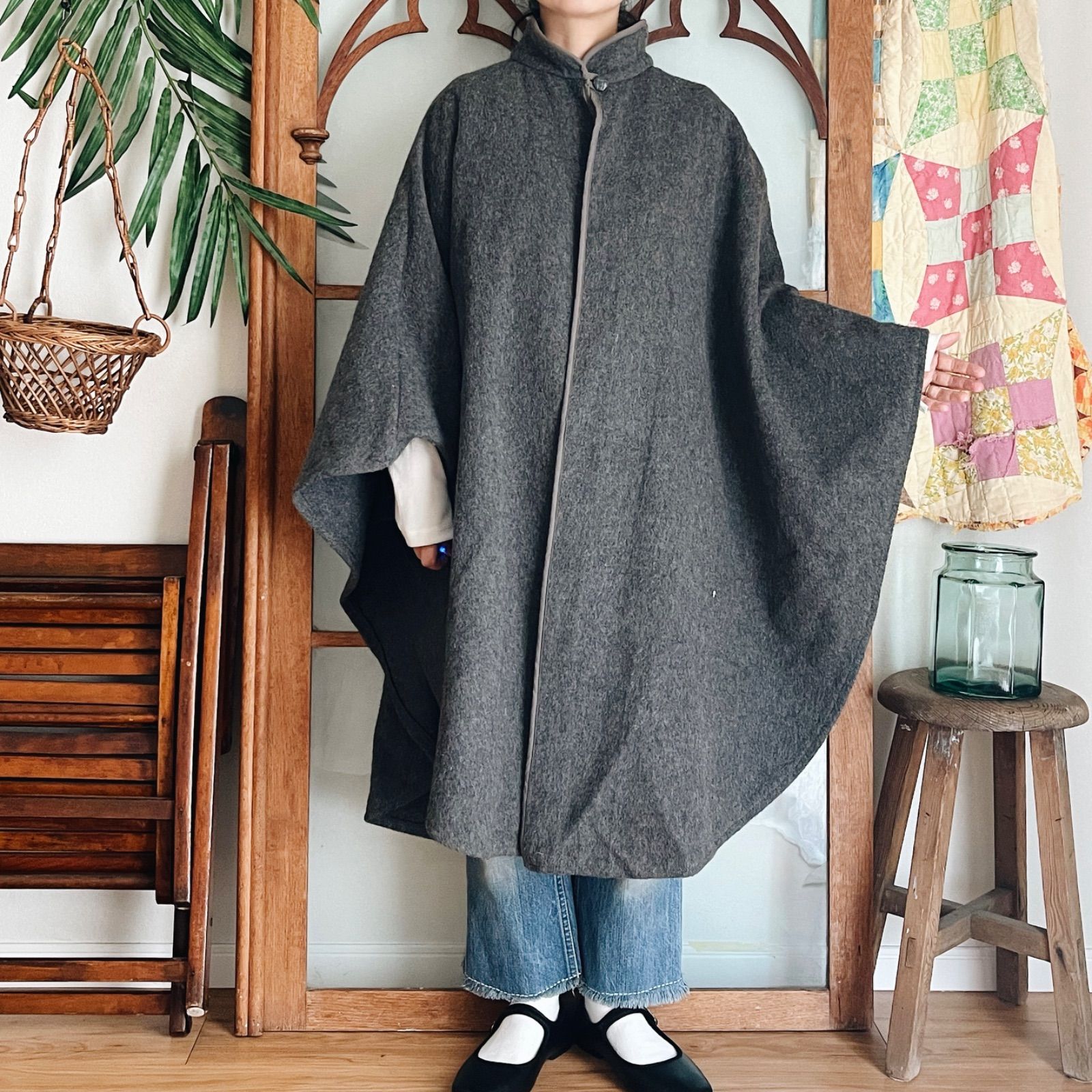 Euro古着 ウール ケープ・ポンチョ コート 前開き グレー（m322