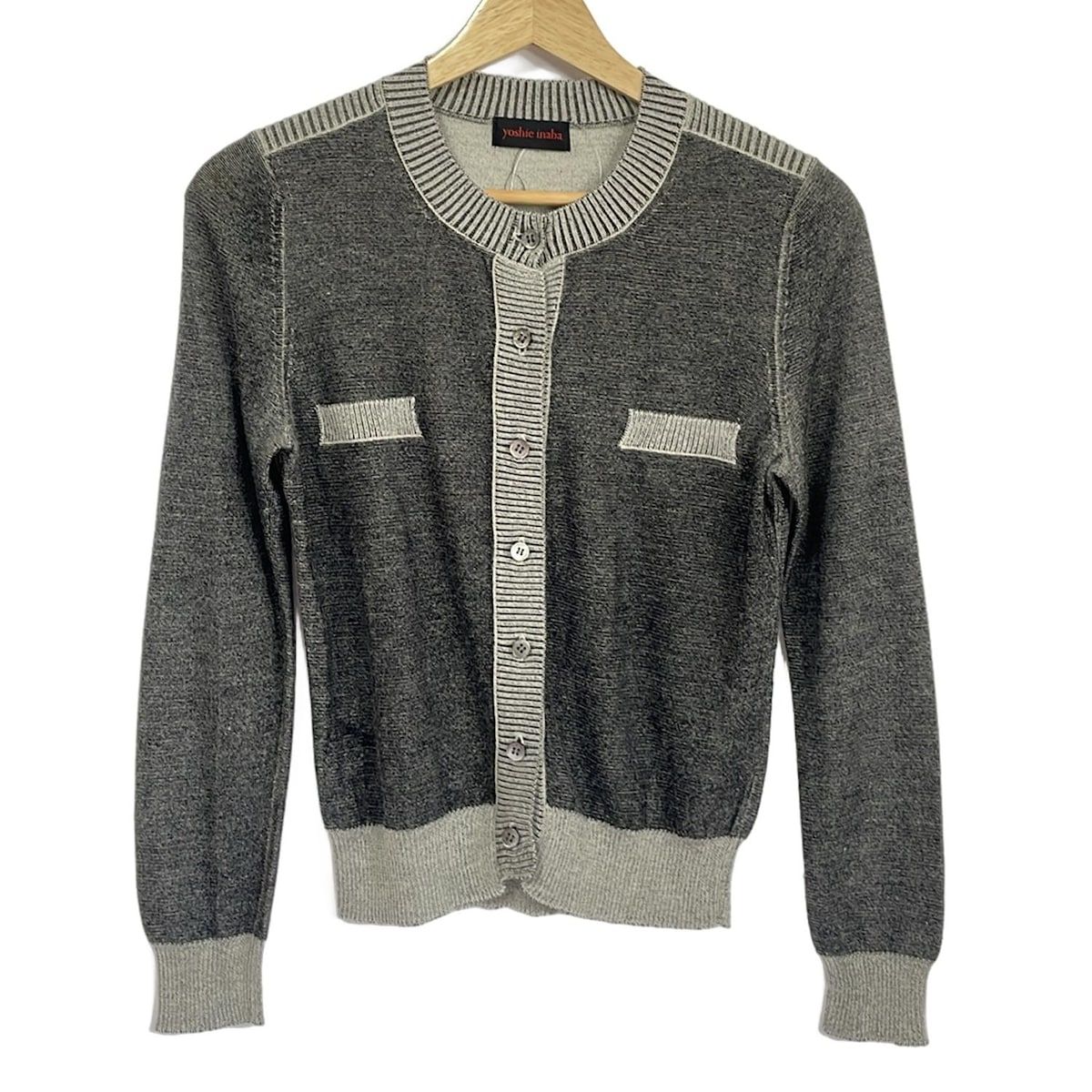 YOSHIE INABA ヨシエイナバ カーディガン サイズ9 M レディース - ダークグレー×グレーベージュ 長袖|カシミヤ シルク混