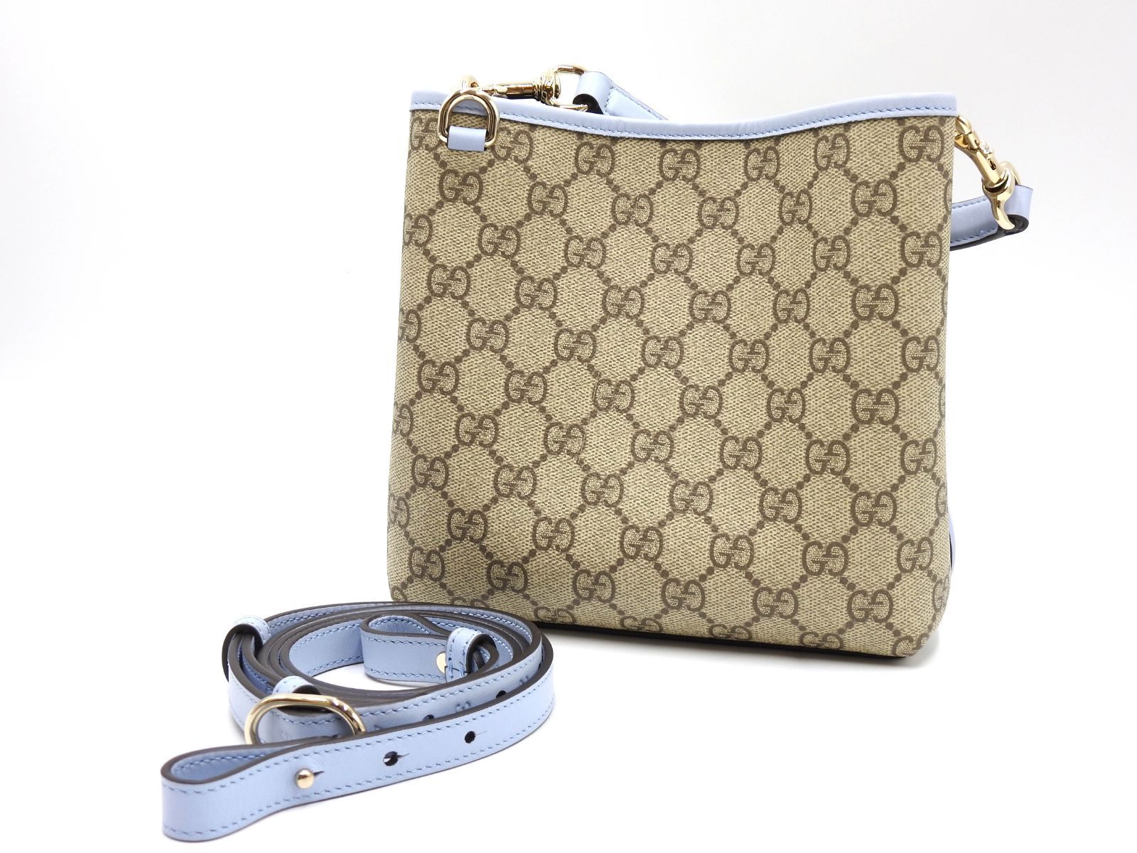 グッチ GGスプリーム GGエンブレムスモール バケットバッグ 2 way ショルダーバッグ ハンドバッグ PVCキャンバス レザー ベージュ ブルー 815118